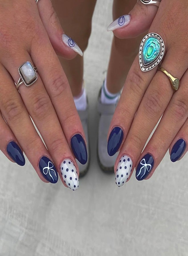 Sevgob Almond Press on Nails Medium Nails Press on Polka Dots False Nails with Bow Design Glossy Full Cover Dark Blue Glue on Nails Cute Glitter Acrylic Nail Fall Winter Fake Nail for Women Manicure 24Pcs - Image 1